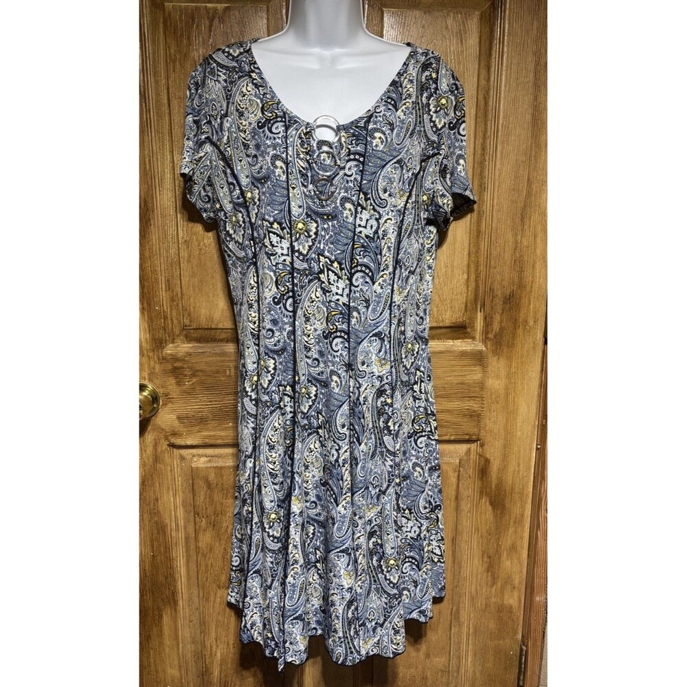Sami & Jo Women Dress XL Blue Slinky Swing Boho Paisley Short Sleeve Fit Flare